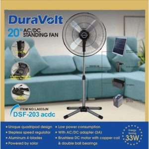 duravolt 20 inch ac/dc standing fan (dsf 203) – solar compatible, brushless dc motor with 3a adapter & stepless speed control