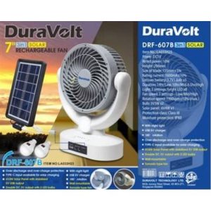 duravolt 7'' rechargeable table fan with solar panel/2 bulbs| drf 607b