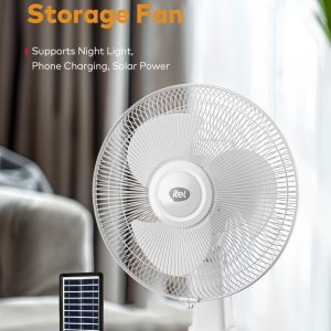 itel 12" silent energy storage fan (if12 m001) – rechargeable table fan with solar panel, 2 led bulbs, & 3 speed settings