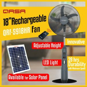 qasa 18″ rechargeable standing fan + 20w solar panel